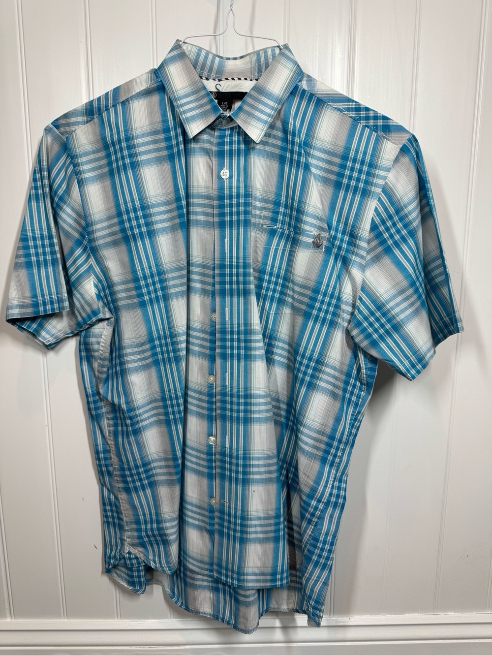 Volcom Men's Teal and White Plaid Short-Sleeve Button-Down Shirt SZ L - Picture 7 of 7